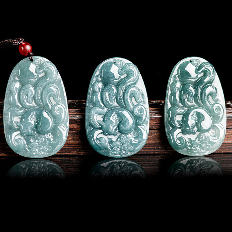 EverestArtstudios Natural Green Jade Nine Tailed Fox Flowers Luck Necklace Pendant