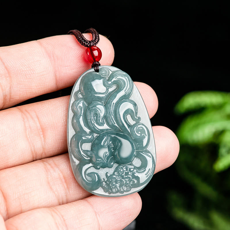 EverestArtstudios Natural Green Jade Nine Tailed Fox Flowers Luck Necklace Pendant