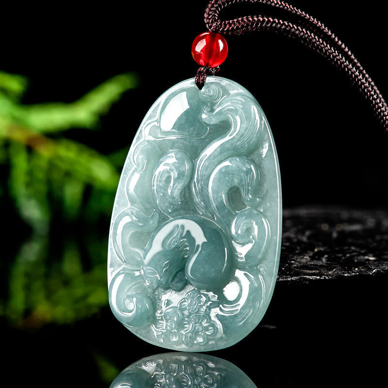 EverestArtstudios Natural Green Jade Nine Tailed Fox Flowers Luck Necklace Pendant