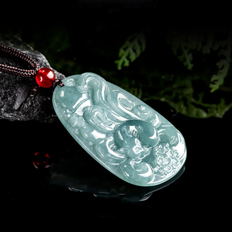EverestArtstudios Natural Green Jade Nine Tailed Fox Flowers Luck Necklace Pendant