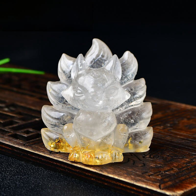 EverestArtStudios Natural Various Crystal Strawberry Quartz Amethyst Nine Tailed Fox Protection Home Decoration