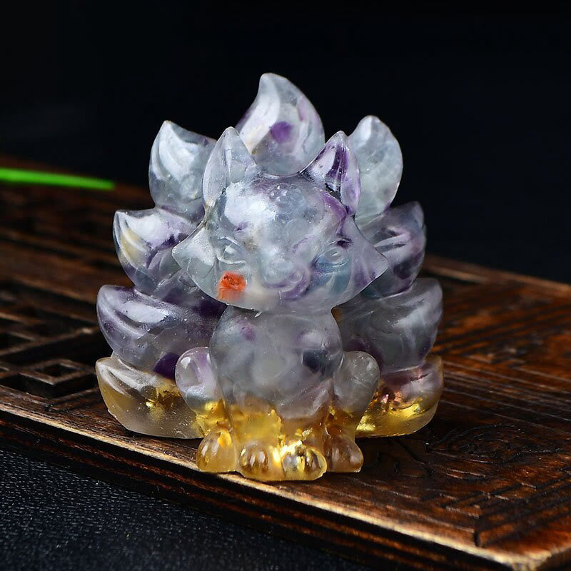 EverestArtStudios Natural Various Crystal Strawberry Quartz Amethyst Nine Tailed Fox Protection Home Decoration
