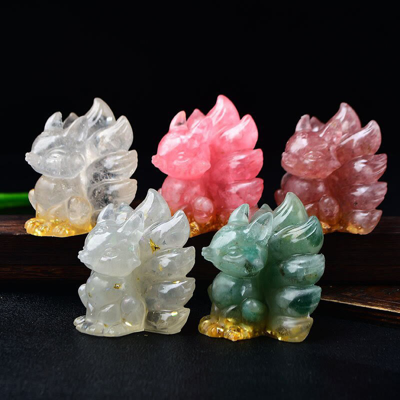 EverestArtStudios Natural Various Crystal Strawberry Quartz Amethyst Nine Tailed Fox Protection Home Decoration