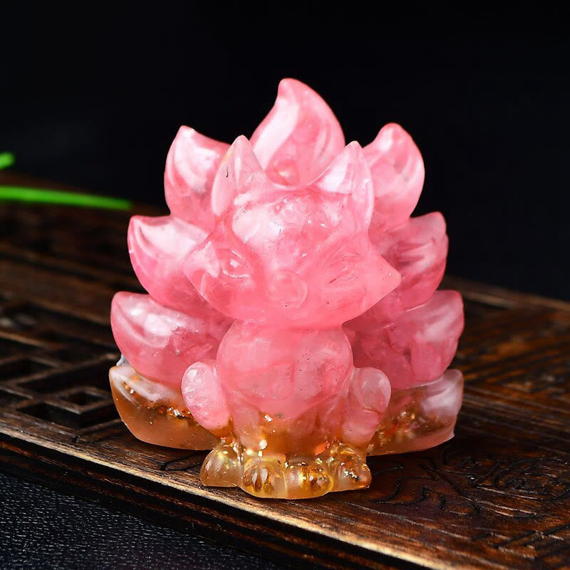 EverestArtStudios Natural Various Crystal Strawberry Quartz Amethyst Nine Tailed Fox Protection Home Decoration