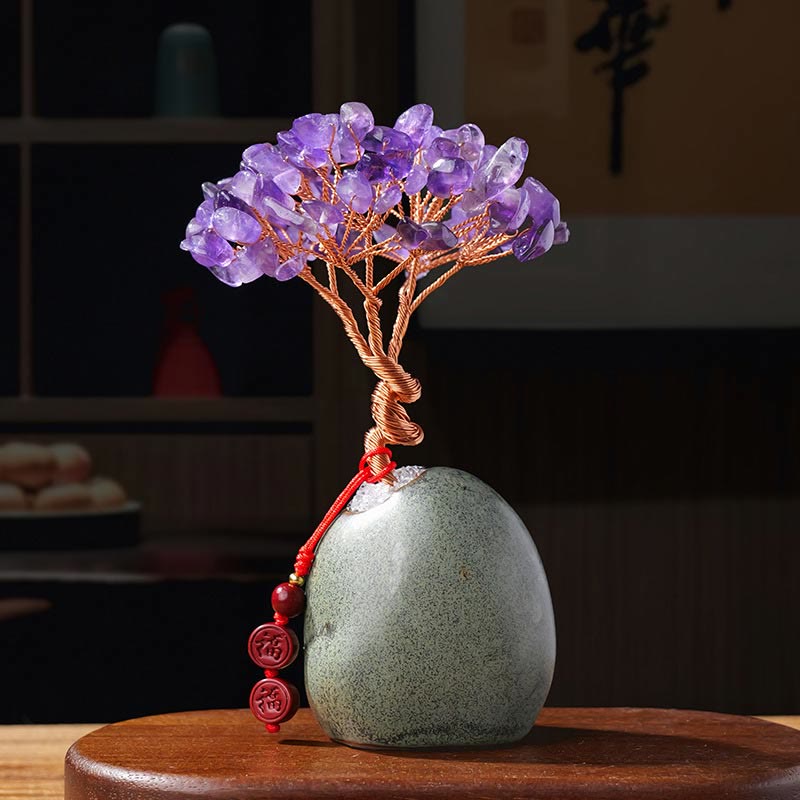 Buddha Stones Citrine Amethyst Green Aventurine Crystal Tree Ceramic Base Prosperity Home Decoration