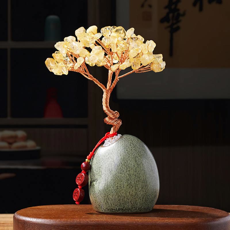 Buddha Stones Citrine Amethyst Green Aventurine Crystal Tree Ceramic Base Prosperity Home Decoration