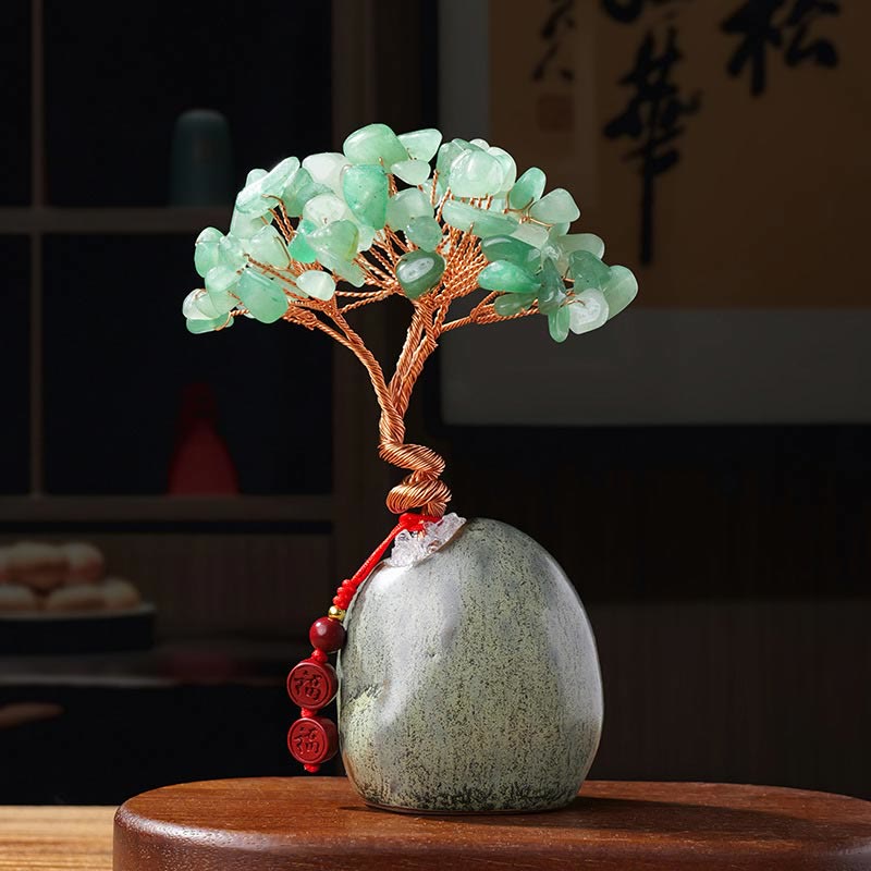 Buddha Stones Citrine Amethyst Green Aventurine Crystal Tree Ceramic Base Prosperity Home Decoration