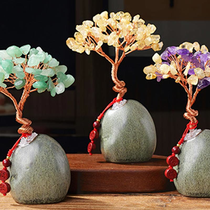Buddha Stones Citrine Amethyst Green Aventurine Crystal Tree Ceramic Base Prosperity Home Decoration
