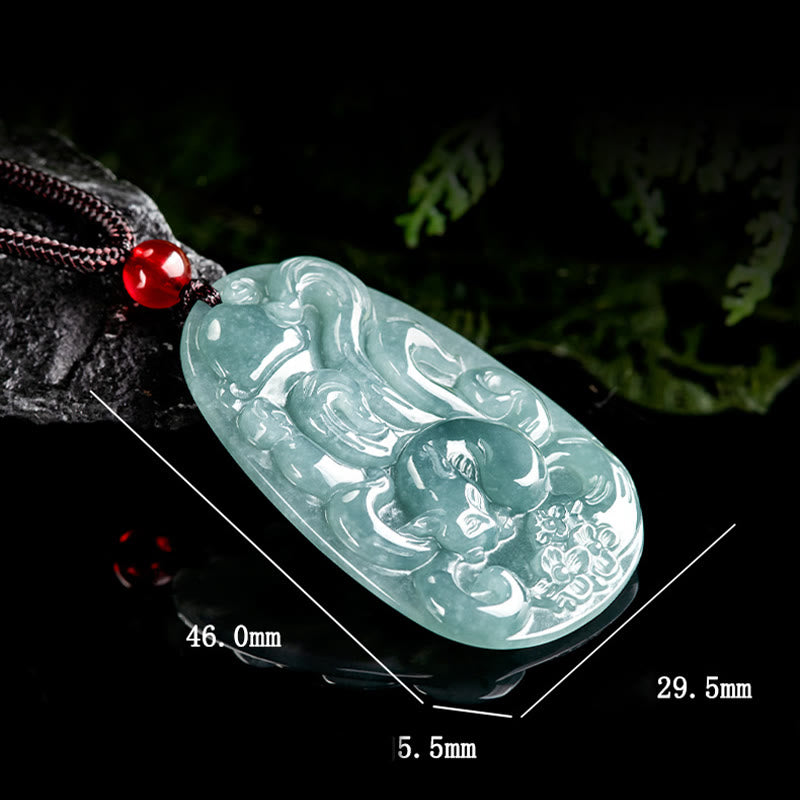 EverestArtstudios Natural Green Jade Nine Tailed Fox Flowers Luck Necklace Pendant