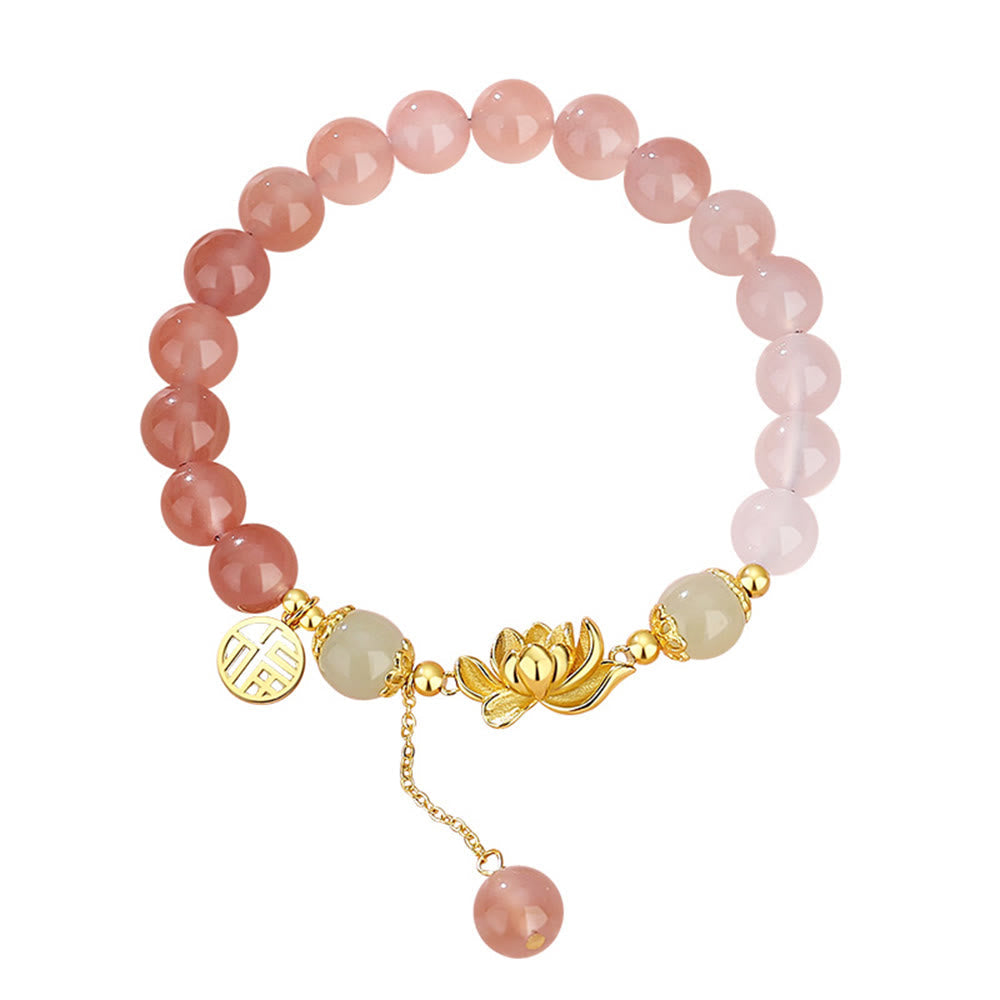 Buddha Stones 925 Sterling Silver Natural Gradient Agate Hetian Jade Lotus Fu Character Enlightenment Bracelet