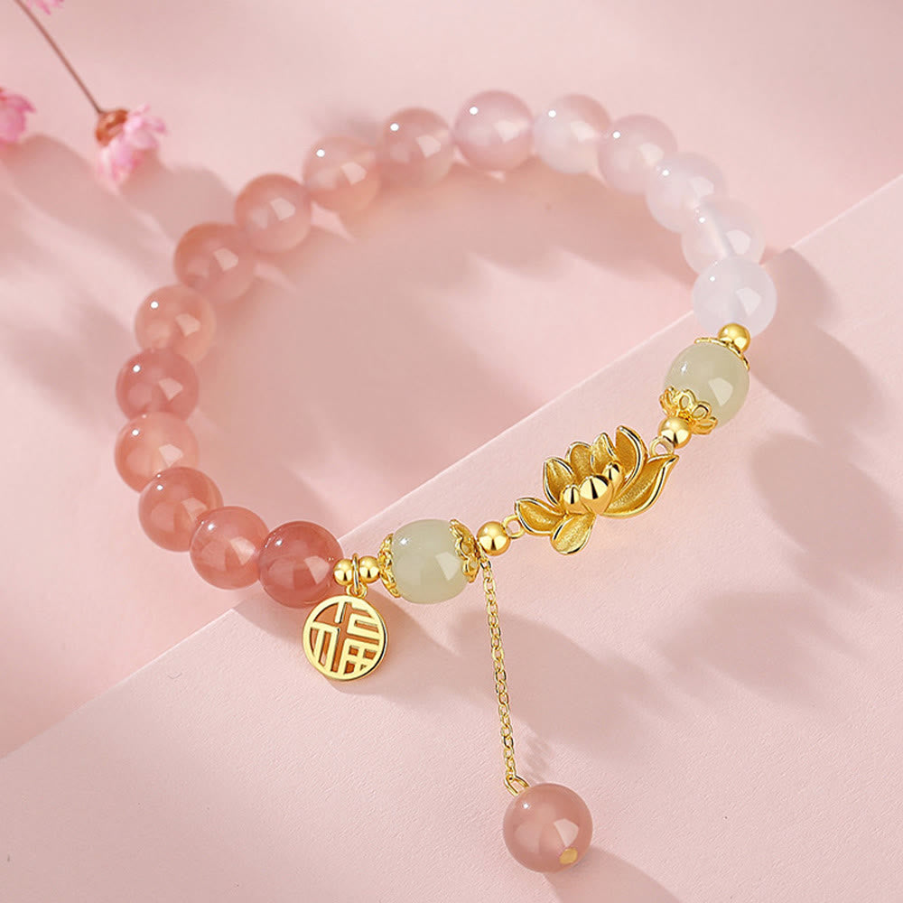 Buddha Stones 925 Sterling Silver Natural Gradient Agate Hetian Jade Lotus Fu Character Enlightenment Bracelet