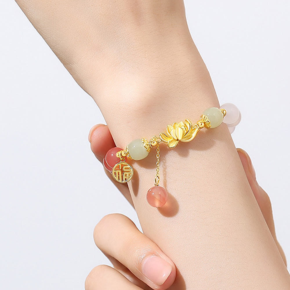 Buddha Stones 925 Sterling Silver Natural Gradient Agate Hetian Jade Lotus Fu Character Enlightenment Bracelet