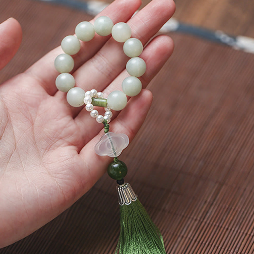 EverestArtstudios Green Jade Beads Pearl Prosperity Tassels Wrist Mala