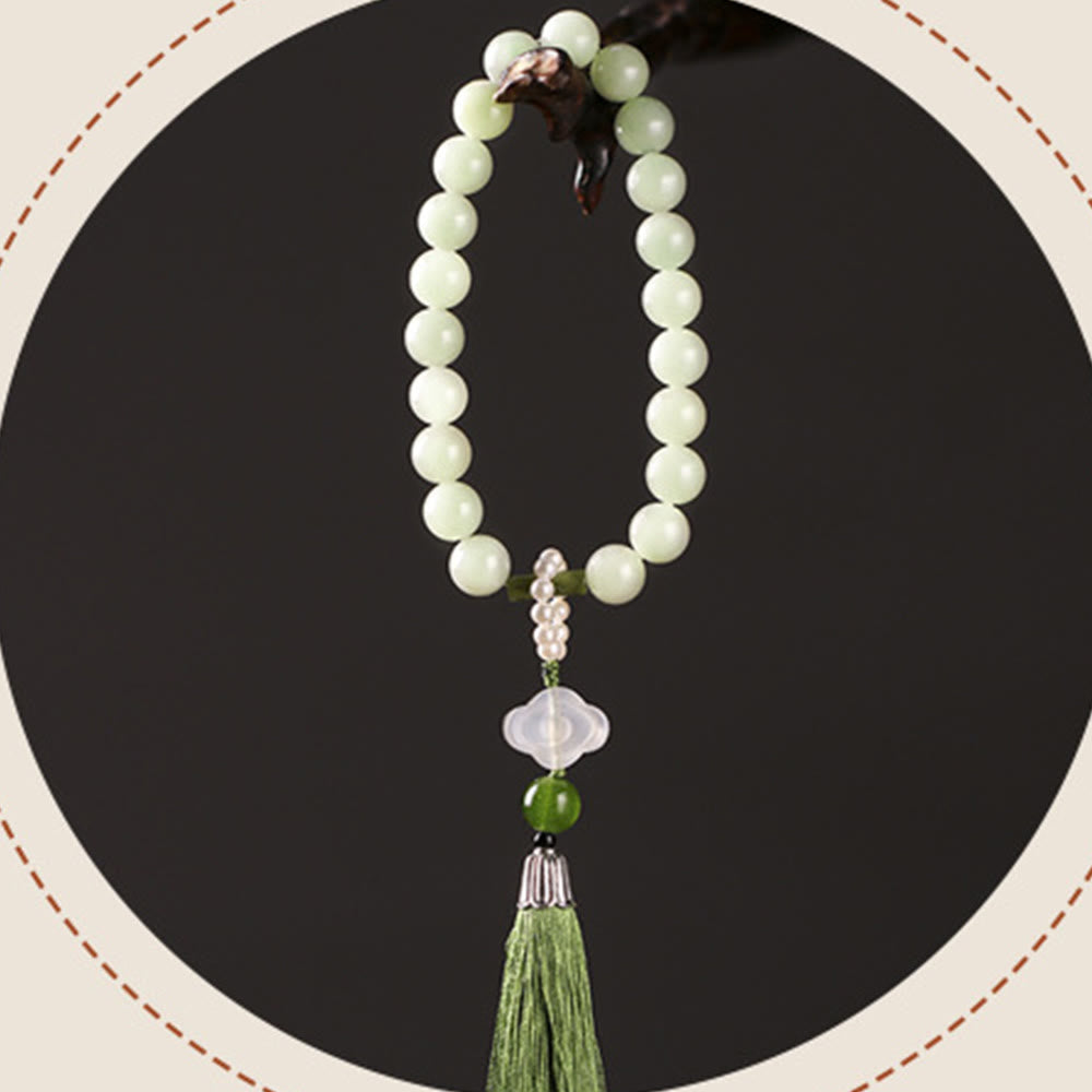 EverestArtstudios Green Jade Beads Pearl Prosperity Tassels Wrist Mala