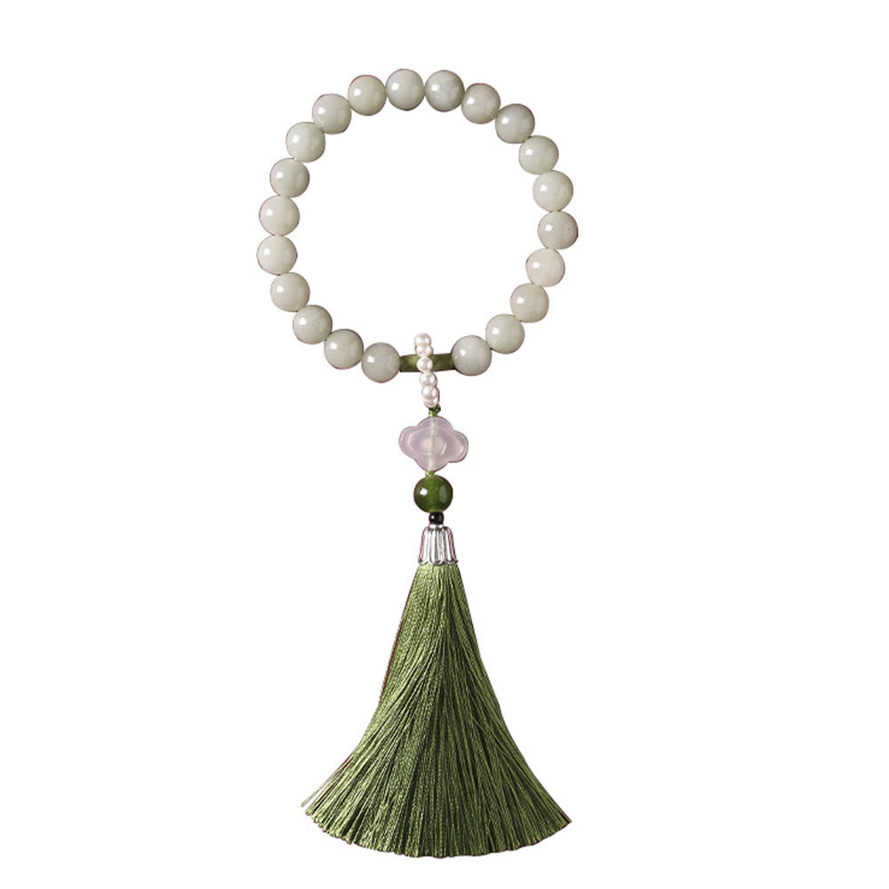 EverestArtstudios Green Jade Beads Pearl Prosperity Tassels Wrist Mala