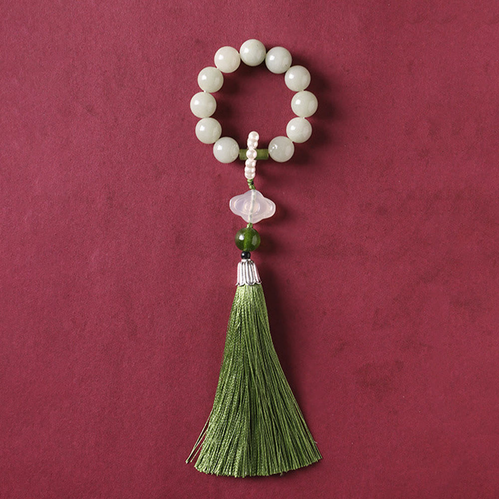 EverestArtstudios Green Jade Beads Pearl Prosperity Tassels Wrist Mala