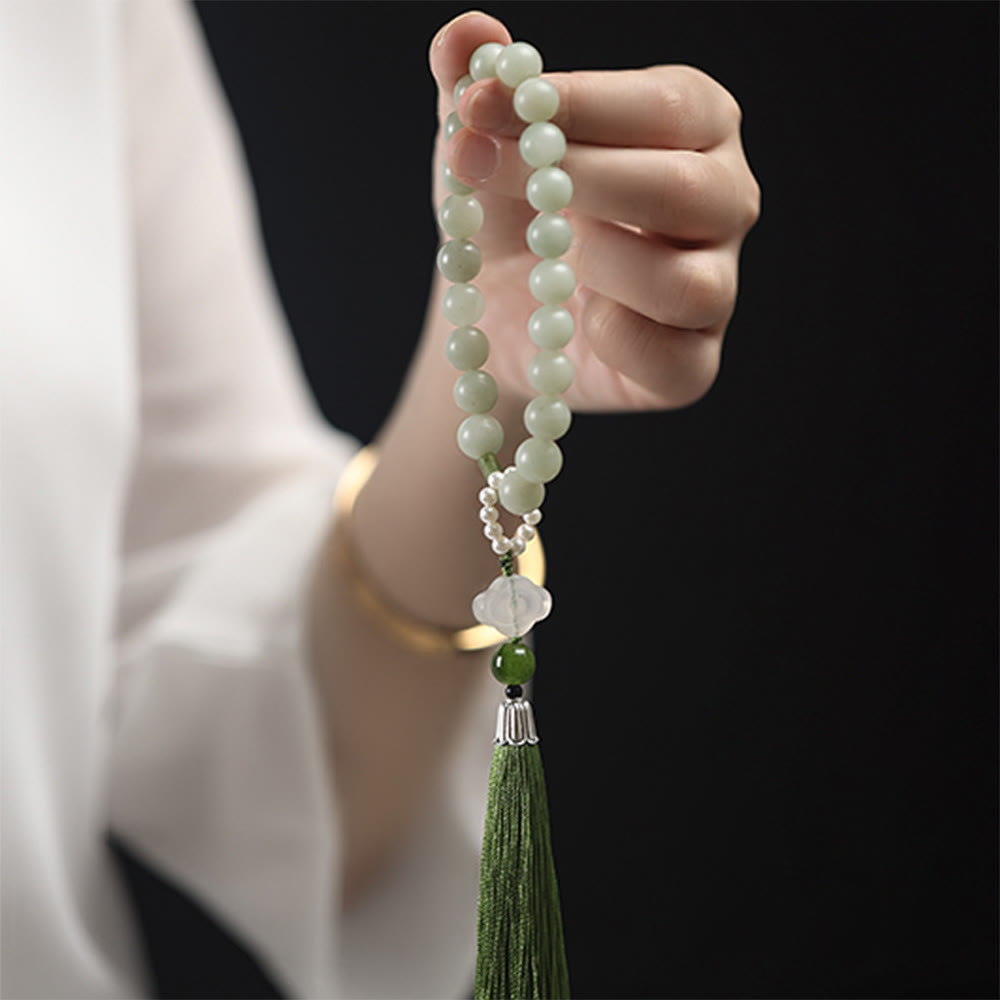 EverestArtstudios Green Jade Beads Pearl Prosperity Tassels Wrist Mala