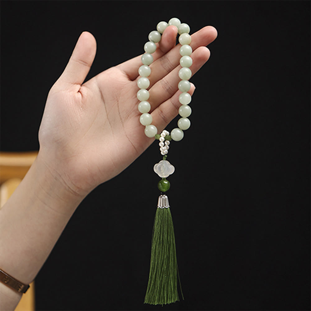 EverestArtstudios Green Jade Beads Pearl Prosperity Tassels Wrist Mala