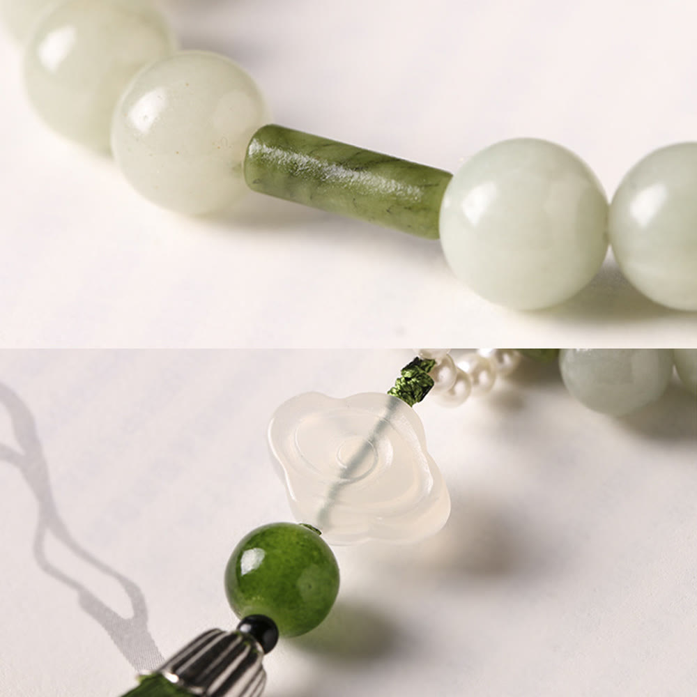 EverestArtstudios Green Jade Beads Pearl Prosperity Tassels Wrist Mala