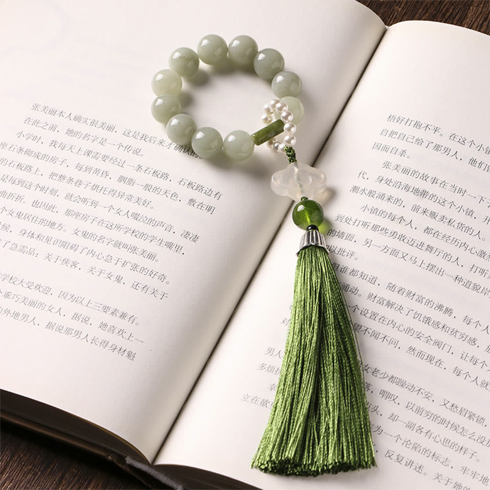 EverestArtstudios Green Jade Beads Pearl Prosperity Tassels Wrist Mala