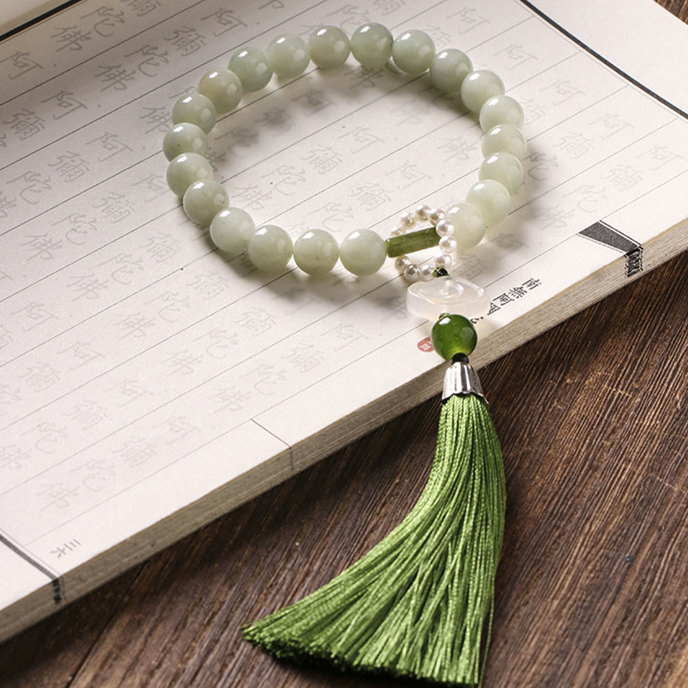 EverestArtstudios Green Jade Beads Pearl Prosperity Tassels Wrist Mala