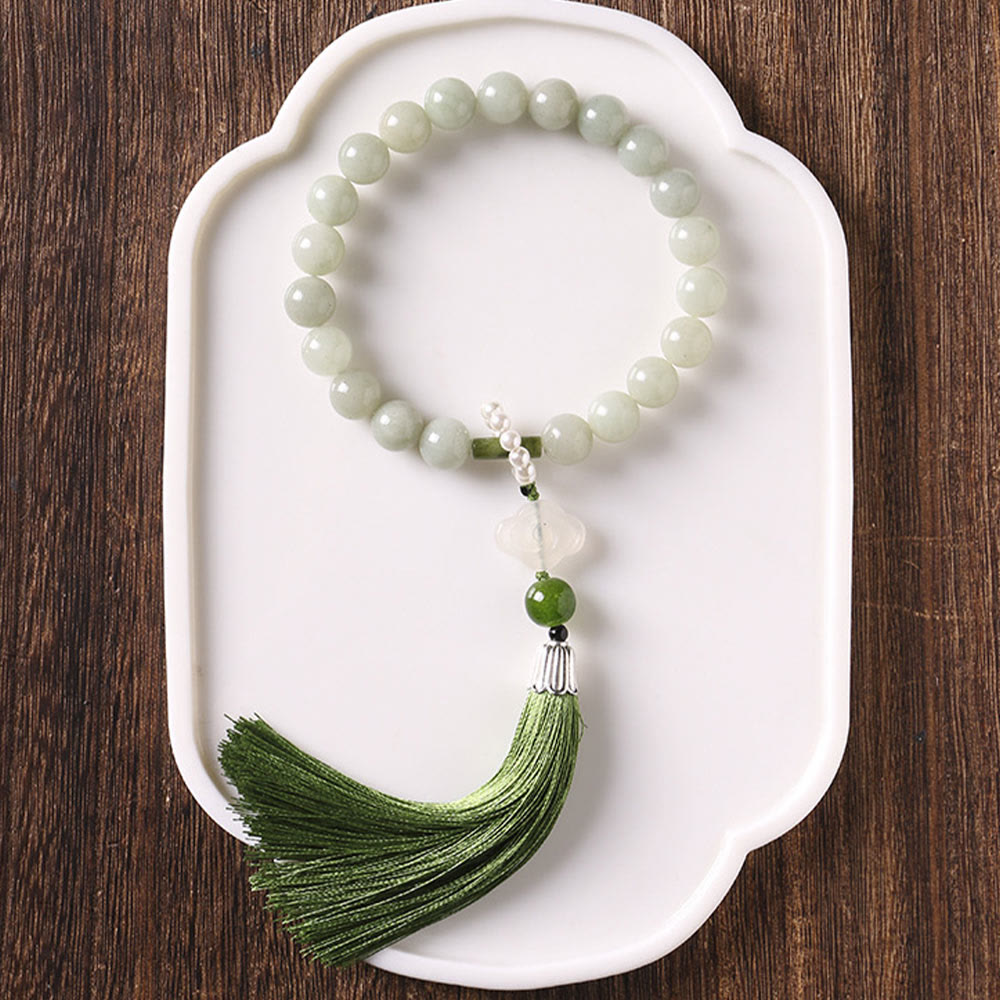 EverestArtstudios Green Jade Beads Pearl Prosperity Tassels Wrist Mala