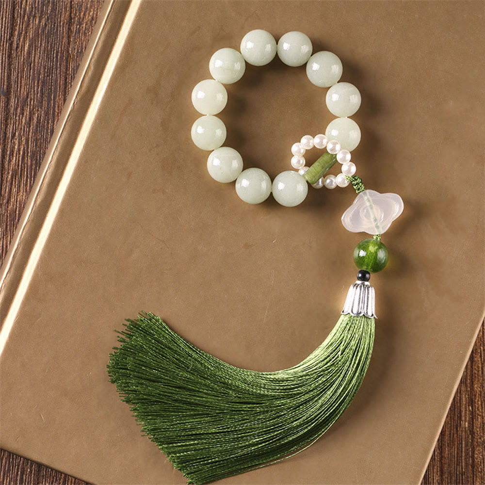 EverestArtstudios Green Jade Beads Pearl Prosperity Tassels Wrist Mala