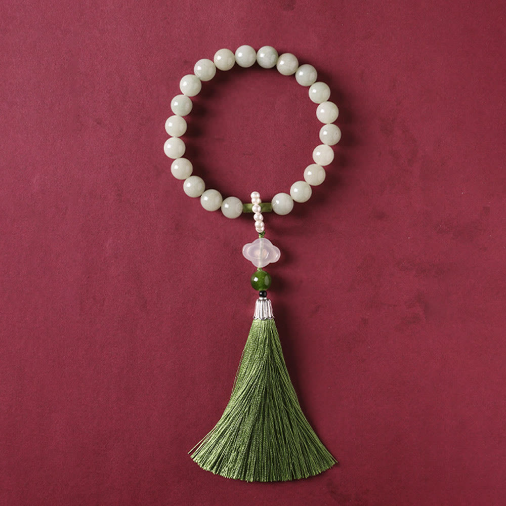EverestArtstudios Green Jade Beads Pearl Prosperity Tassels Wrist Mala
