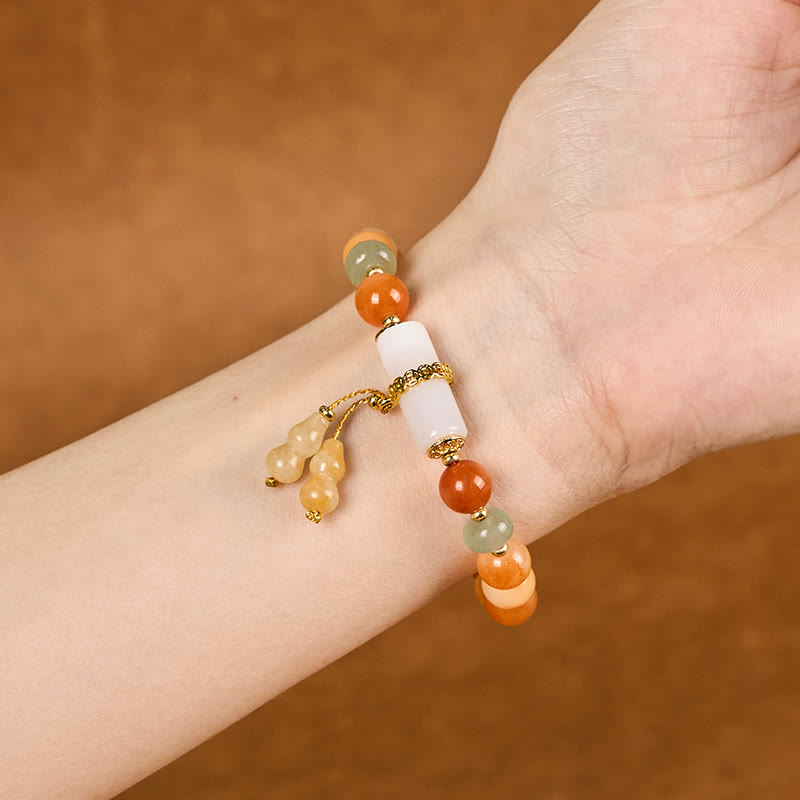 EverestArtstudios Golden Silk Jade Beads Gourd White Crystal Wealth Luck Bracelet