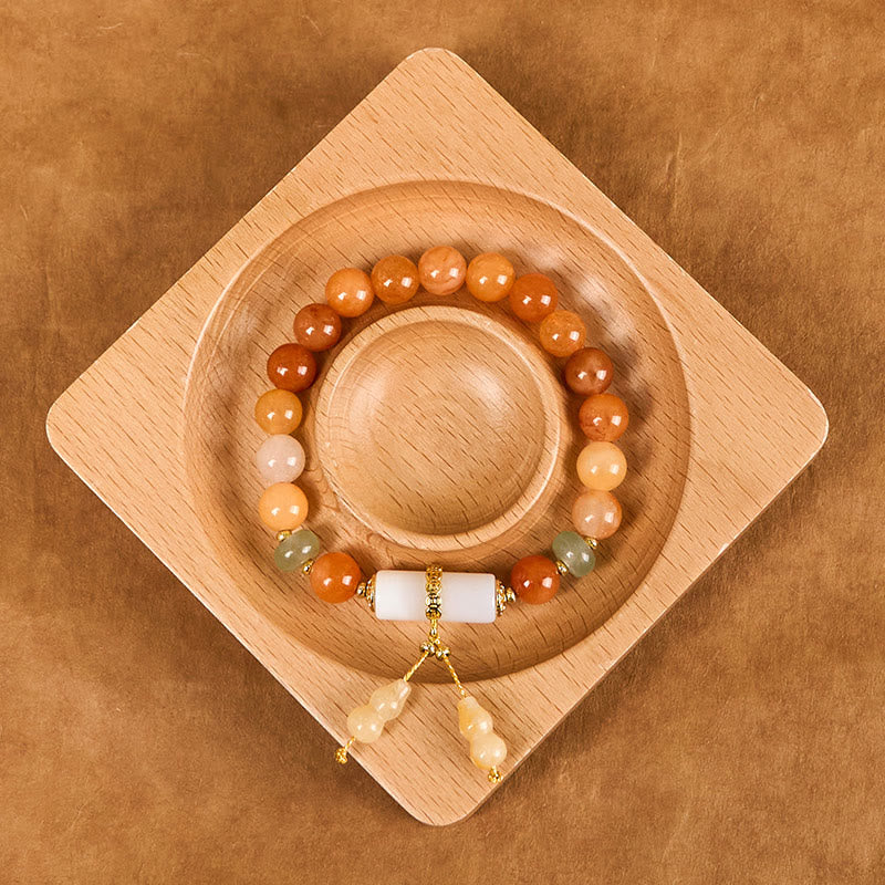 EverestArtstudios Golden Silk Jade Beads Gourd White Crystal Wealth Luck Bracelet