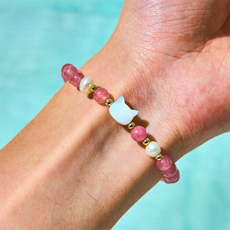 Buddha Stones Strawberry Quartz Pearl Cat Rabbit Healing Bracelet