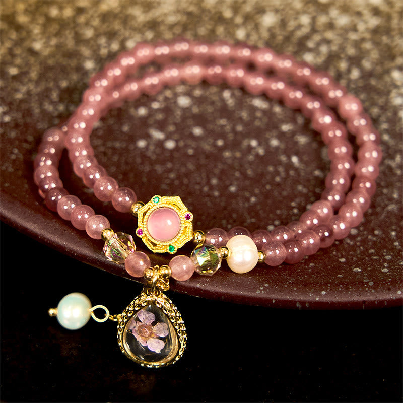 EverestArtstudios Natural Strawberry Quartz Pearl Butterfly Water Drop Positive Double Wrap Bracelet