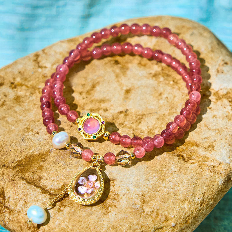 EverestArtstudios Natural Strawberry Quartz Pearl Butterfly Water Drop Positive Double Wrap Bracelet