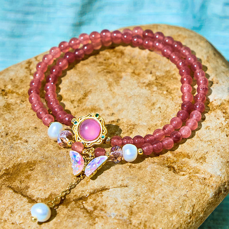 EverestArtstudios Natural Strawberry Quartz Pearl Butterfly Water Drop Positive Double Wrap Bracelet