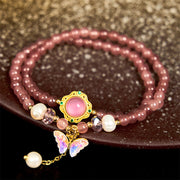 EverestArtstudios Natural Strawberry Quartz Pearl Butterfly Water Drop Positive Double Wrap Bracelet