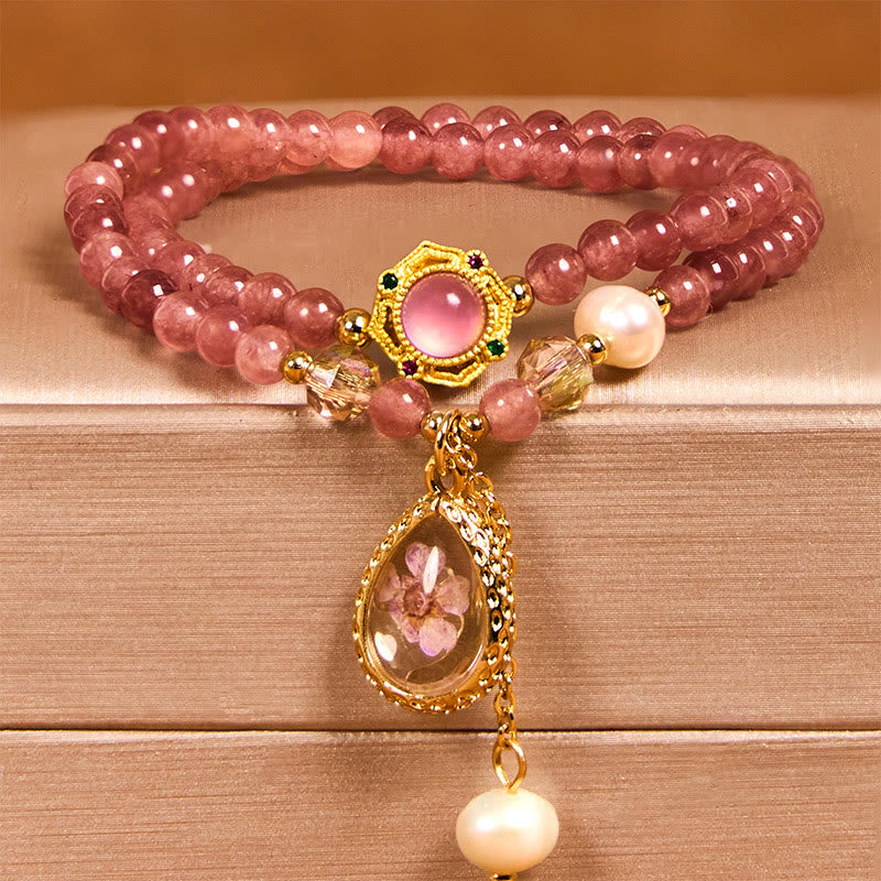 EverestArtstudios Natural Strawberry Quartz Pearl Butterfly Water Drop Positive Double Wrap Bracelet