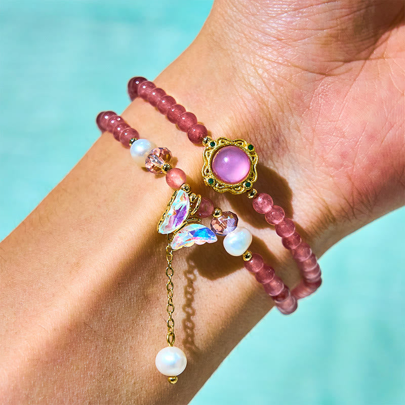 EverestArtstudios Natural Strawberry Quartz Pearl Butterfly Water Drop Positive Double Wrap Bracelet