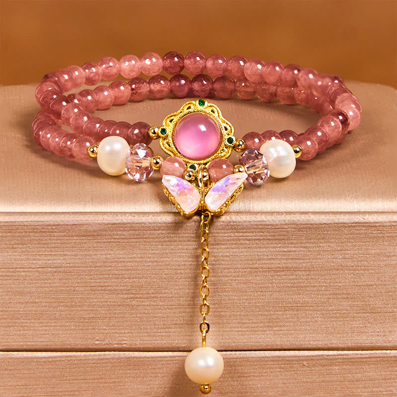 EverestArtstudios Natural Strawberry Quartz Pearl Butterfly Water Drop Positive Double Wrap Bracelet
