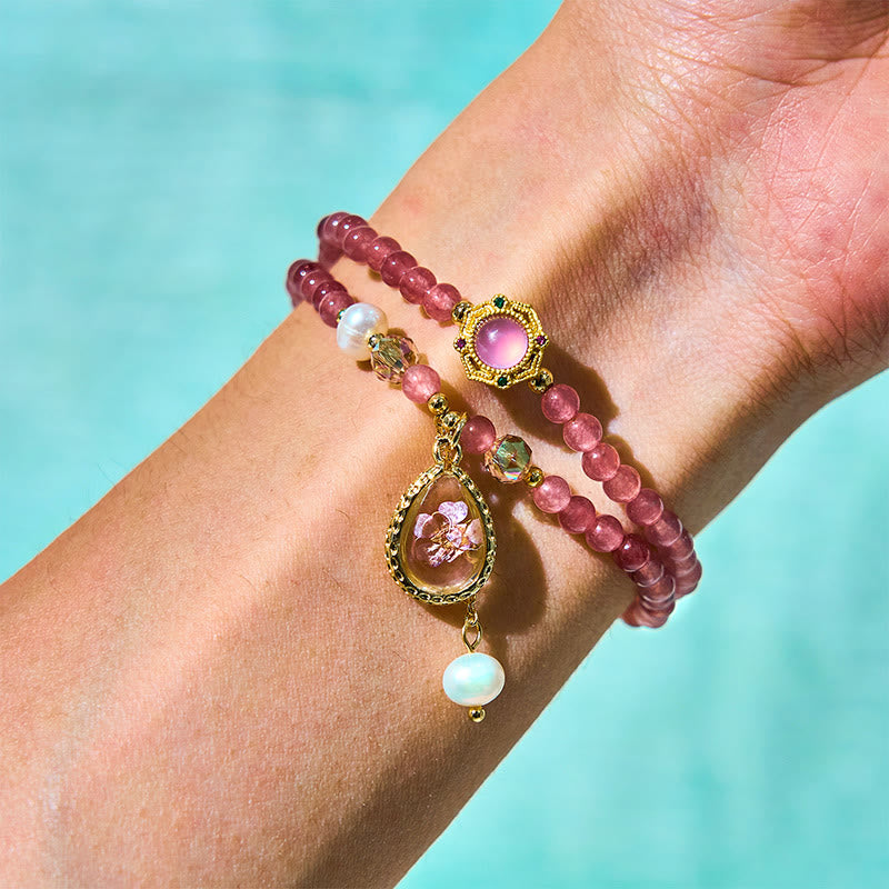 EverestArtstudios Natural Strawberry Quartz Pearl Butterfly Water Drop Positive Double Wrap Bracelet