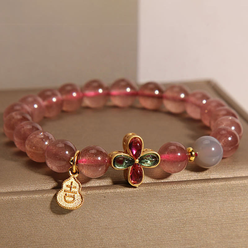 EverestArtstudios Strawberry Quartz Four-leaf Clover Lucky Gourd Healing Bracelet