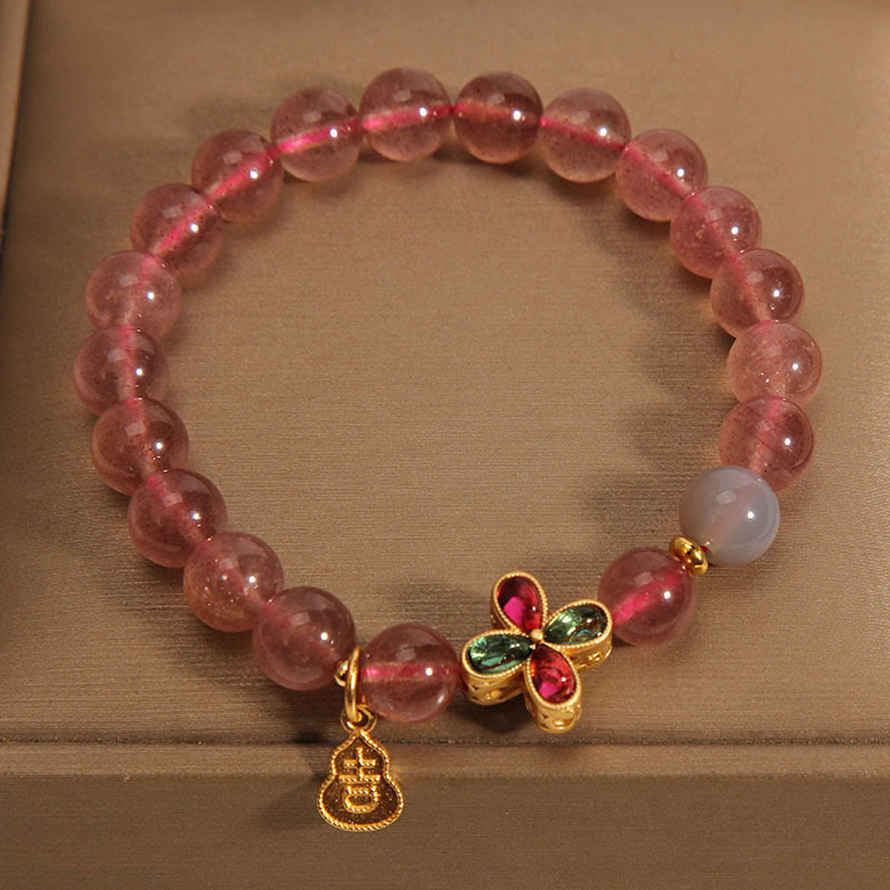 EverestArtstudios Strawberry Quartz Four-leaf Clover Lucky Gourd Healing Bracelet