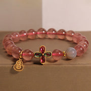 EverestArtstudios Strawberry Quartz Four-leaf Clover Lucky Gourd Healing Bracelet