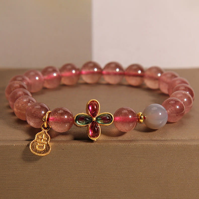 EverestArtstudios Strawberry Quartz Four-leaf Clover Lucky Gourd Healing Bracelet