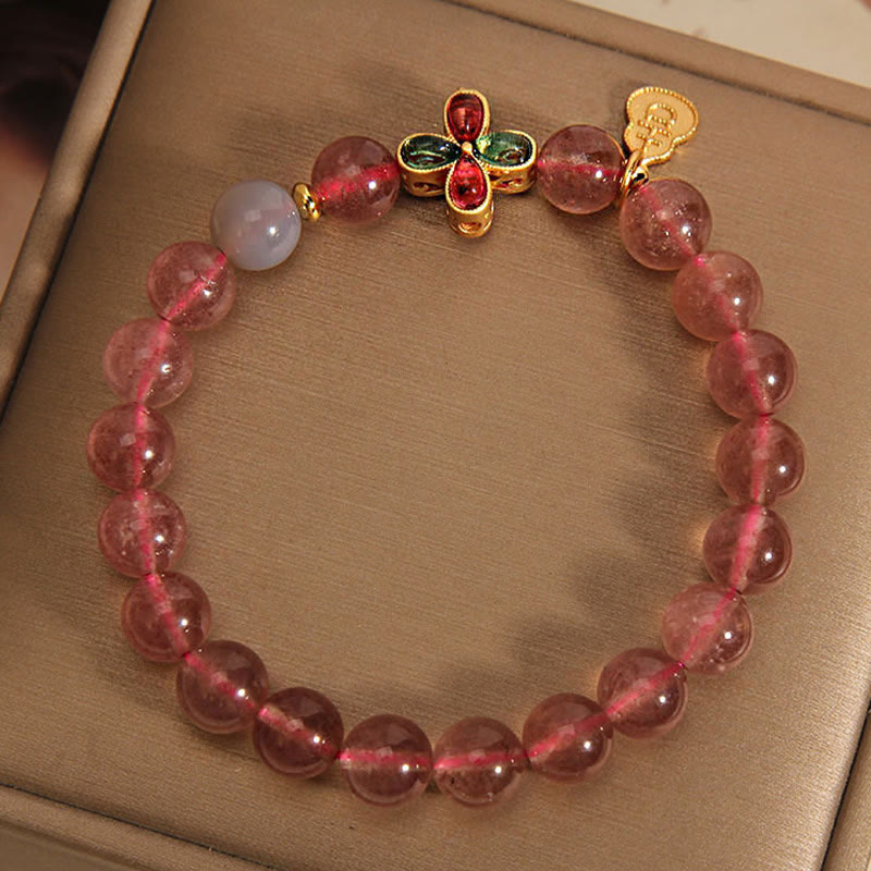 EverestArtstudios Strawberry Quartz Four-leaf Clover Lucky Gourd Healing Bracelet