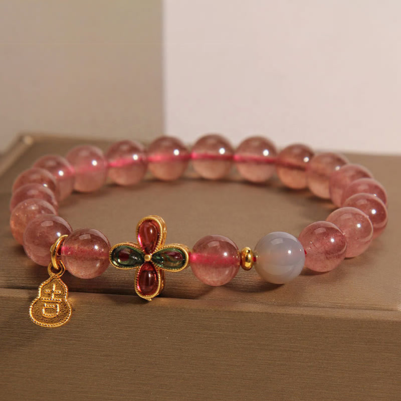 EverestArtstudios Strawberry Quartz Four-leaf Clover Lucky Gourd Healing Bracelet