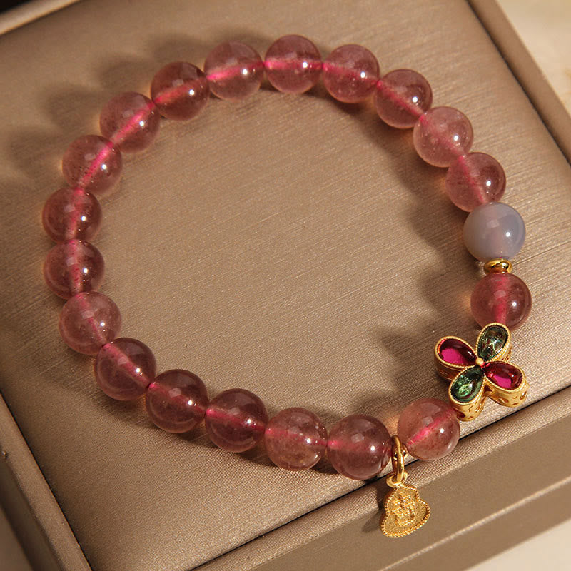 EverestArtstudios Strawberry Quartz Four-leaf Clover Lucky Gourd Healing Bracelet