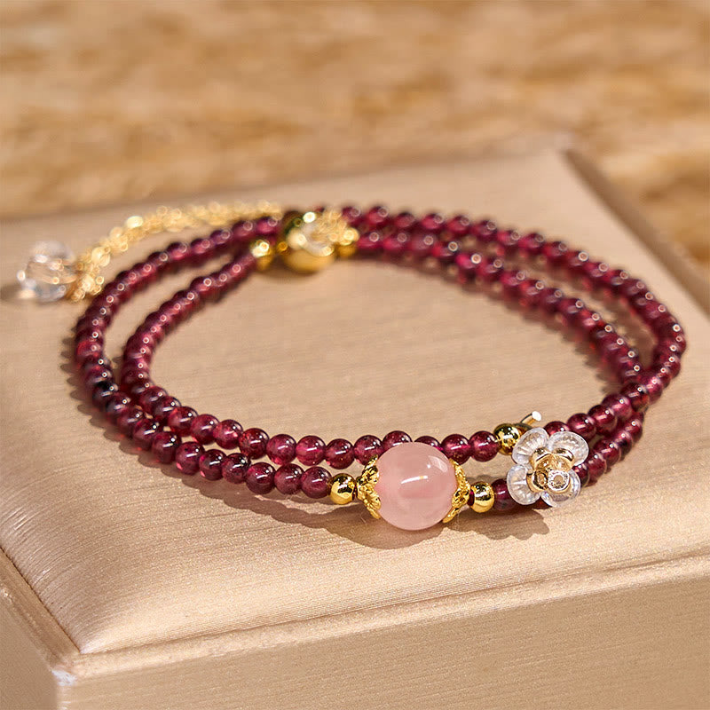 EverestArtstudios Natural Flower Garnet Pink Crystal Calm Double Wrap Bracelet