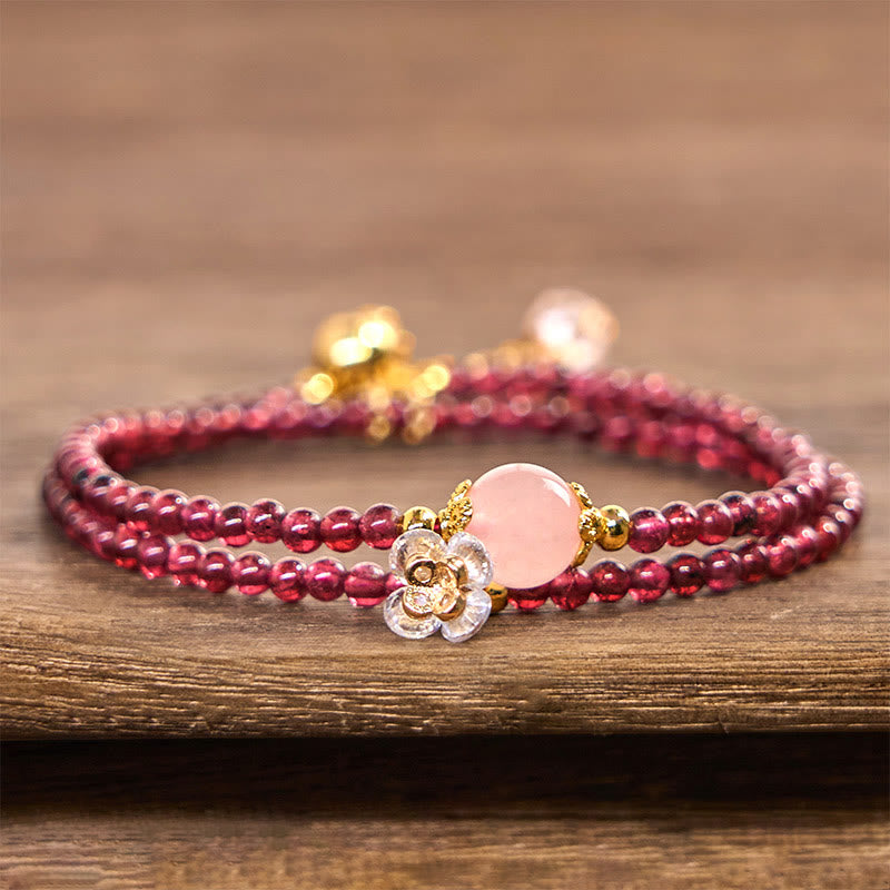 EverestArtstudios Natural Flower Garnet Pink Crystal Calm Double Wrap Bracelet