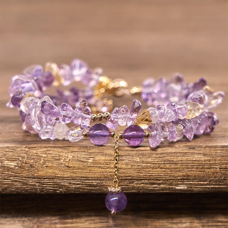 EverestArtstudios Irregular Natural Amethyst Citrine Chip Meditation Double Strand Bracelet
