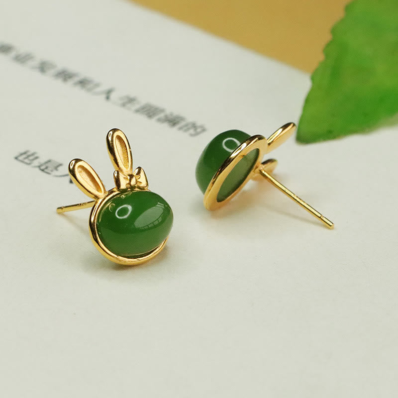 EverestArtstudios 925 Sterling Silver Hetian Cyan Jade Cute Rabbit Luck Stud Earrings